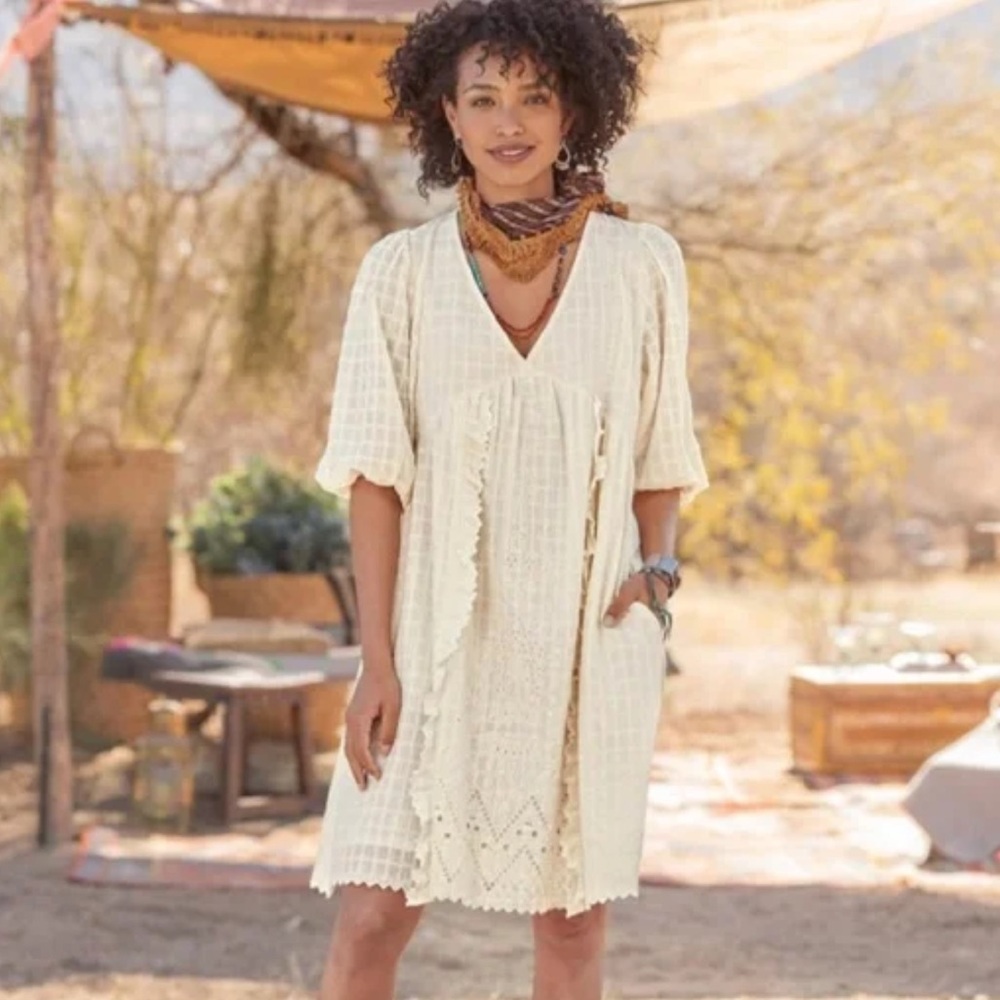 SUNDANCE Thora Cream Cotton Embroidered Babydoll Dress Size SP